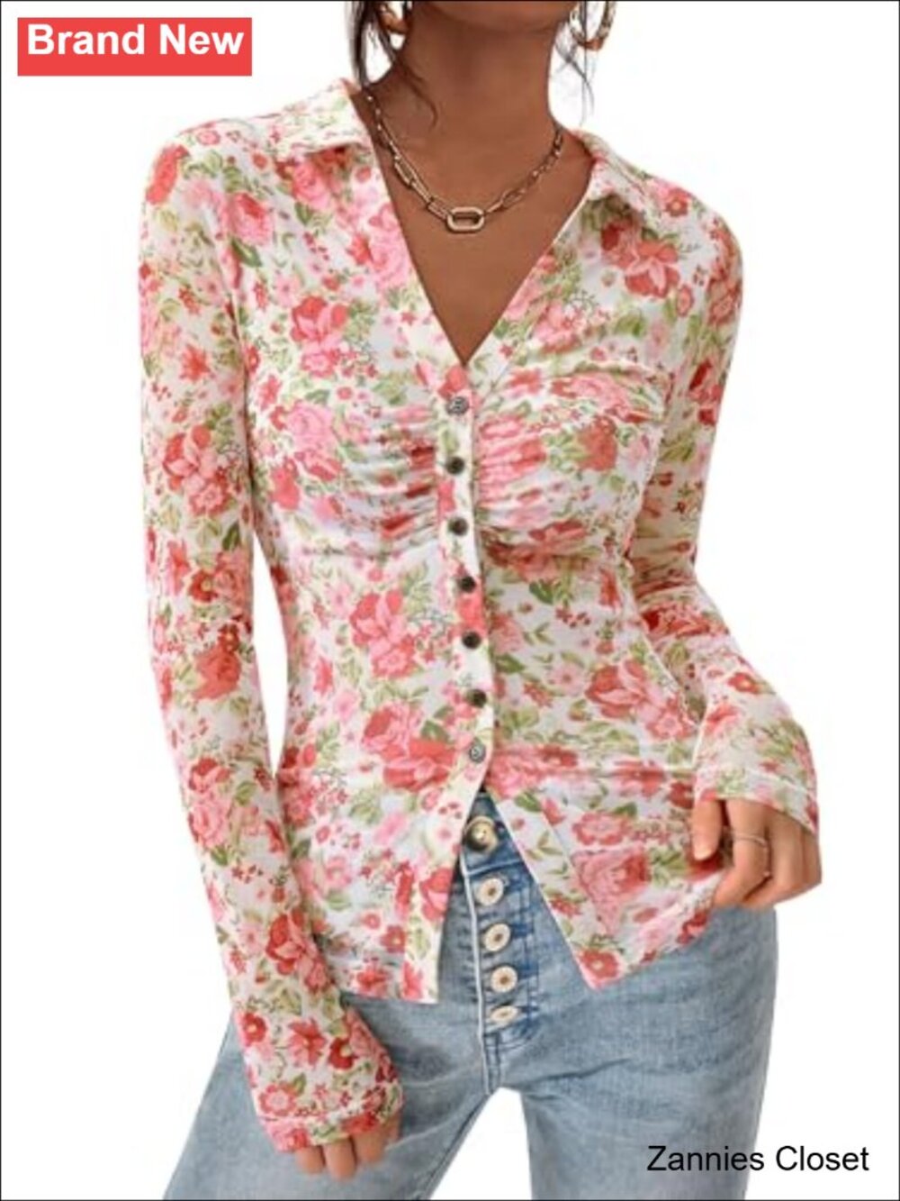 ✨ PRETTYGARDEN Women's Mesh Floral Button Down Blouse V-Neck Long Sleeve Top